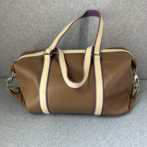Levenger Taupe Brown Cream Purple Overnight Travel Bag Shoulder Duffel‎ Weekend - Picture 1 of 16